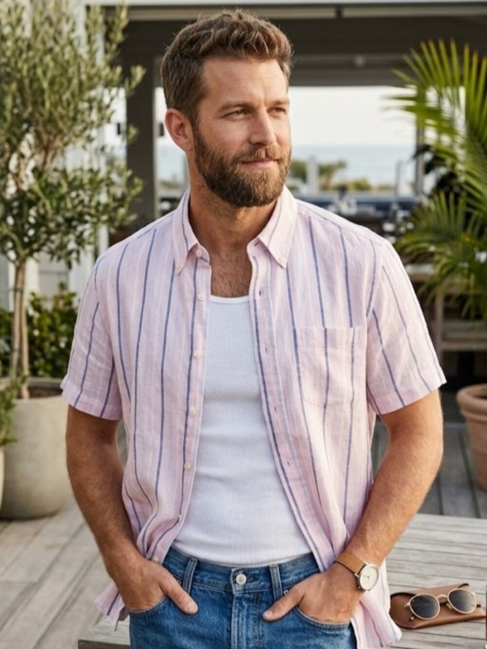 Brooks Brothers Regent Fit Pink Blue Stripe Linen Shirt Large